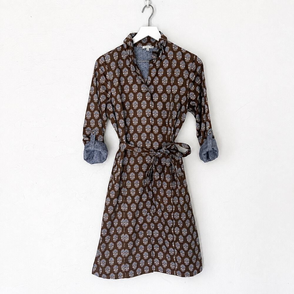 Patty Kim Elizabeth Brown Blue Floral Cotton Shirt Dress S Belted Resort Preppy